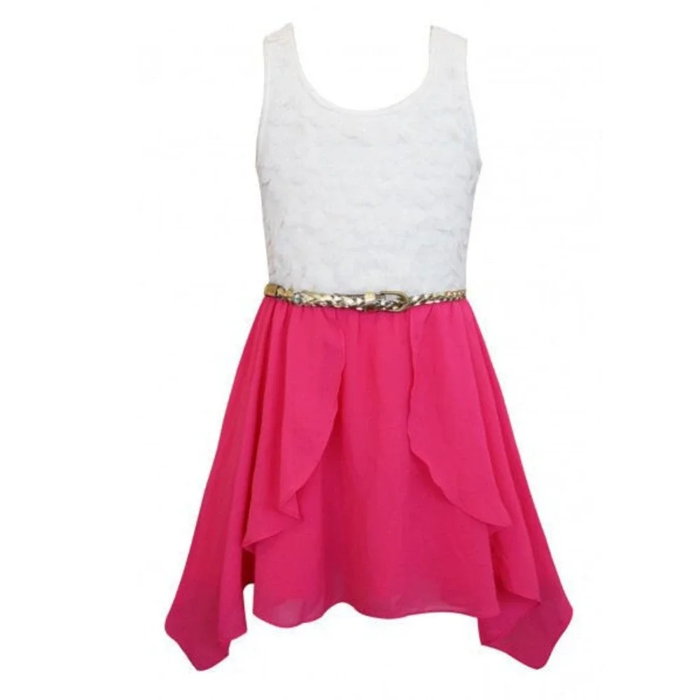 Truly Me Boutique Tween Girls Dress Hot Pink and Wgite Chiffon Belted sz 16 NEW